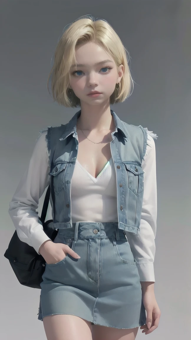 Realistic Android 18, Full Body, Blonde Hair, Blue Eyes, Eyelashes, Hoop Earrings, Short Hair, Earring, Black Sock, White Shirt with Black Stripes, Chest Pocket, Cleavage, Collarbone, Denim, Denim Skirt, Miniskirt high waist, detailed legs, jewelry, long sleeves, pocket, shirt, tucked in shirt, skirt, striped, striped sleeves, vest, correct hands, detailed high volume legs. She walks towards the viewer