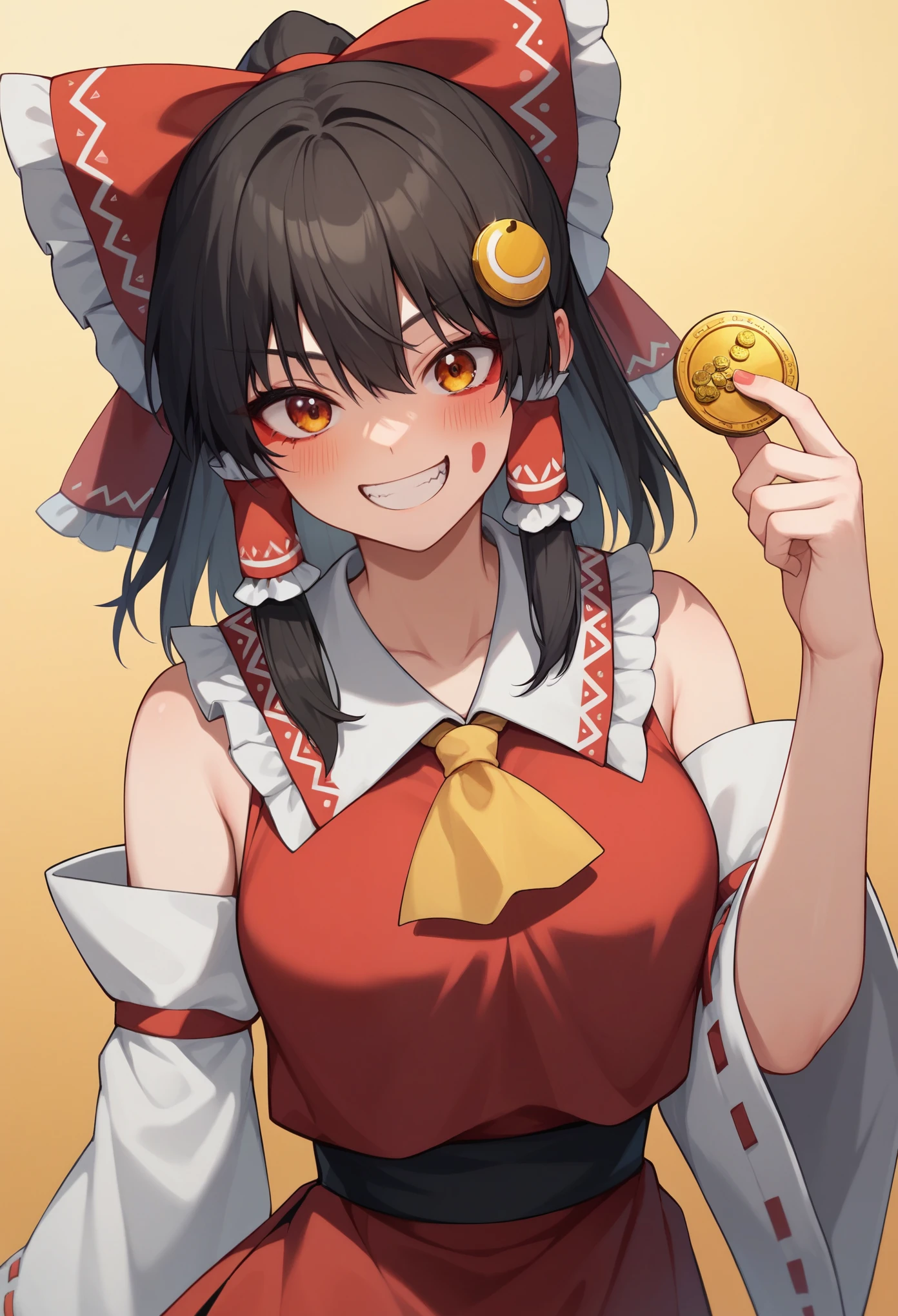 Score_9,score_8_up,score_7_up,solo,1girl, curvy,blush,grin,kind_smile,looking at viewer,crazy smile,(with the gold coin),hakurei reimu \(cosplay\),cartoonized,gradient background,