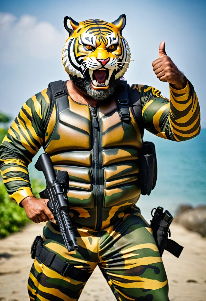 (a dark-skinned bearded fat old man in army camouflage zipper diver suit) (wearing realistic roaring tiger mask that show the wearer eyes), thumbs up, carrying a gun holster on his right hip, muscular, Basuki Abdullah, sumatraism, muscular physique, imposing stature, action, a character portrait, heroic, fierce, snarling, best quality