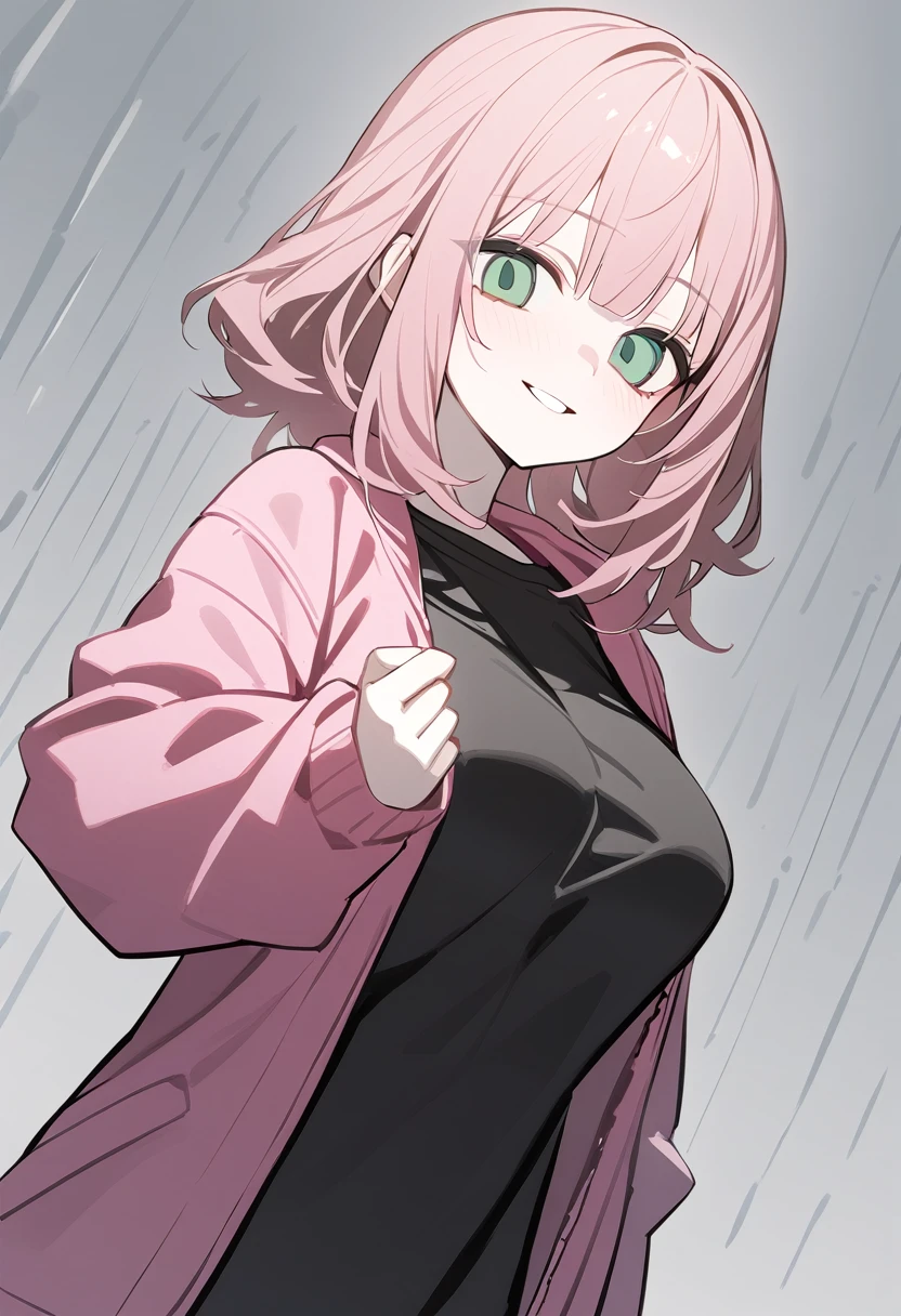 1 girl, alone, adolescent, pink fur, broad, messy hair, corrugated shelter, long bangs, pale skin, green eyes, big breasts, large eyes, big open smile, stoic, standing, (Long black t-shirt, pink jacket), (Gray background, simple background), Upper part of the body, Masterpiece, Best Quality, dynamic angle, Hand extended to the viewer