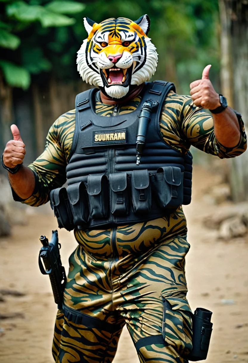 (a dark-skinned bearded fat old man in army camouflage zipper diver suit) (wearing realistic roaring tiger mask that show the wearer eyes), thumbs up, carrying a gun holster on his right hip, muscular, Basuki Abdullah, sumatraism, muscular physique, imposing stature, action, a character portrait, heroic, fierce, snarling, best quality