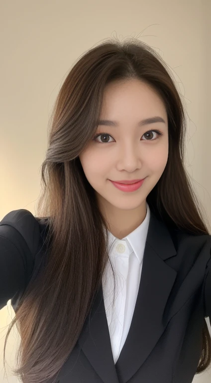 ((Morning, Best Quality, 8K, Masterpiece: 1.3, Realistic)),((Long dark brown hairstyle), (kpop office wear, business attire), (blank background: 1.1, Daylight view), Highly detailed face and skin texture, detailed eyes, double eyelids,  full body camera view, sweet smile, (Face looking at the camera, Holding the camera, Selfie: 1.2)