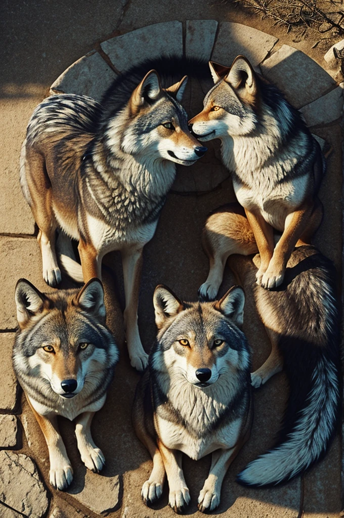 animal focus, top view, (wild), wolf, fur, raised tail, paws, (symmetrical)++, cute, feral, in heat, masterpiece, best quality, by Hioshiru, Snowskau, Foxovh. Imbrato Impressionists, Nguyen Jia, Pino Diane, Detailed Background, Detailed Image, Detailed Hair, God Rays, High Details, Cinematic Lighting, (Avatar), Ancient Roman Architecture