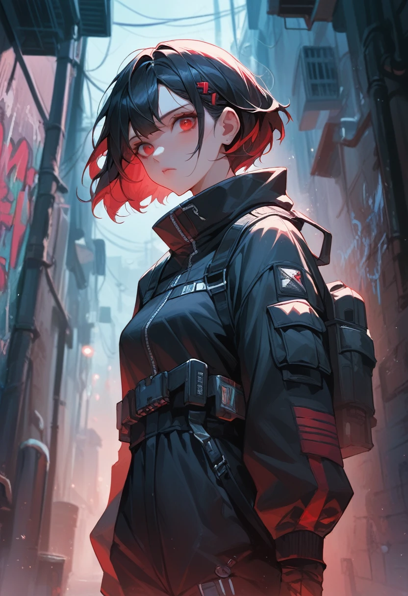 1girl, night, black survival suit, black hair, red eyes, dark alley, red graffiti, japanese led, fog, 8k, ambient occlussion, focus on subject