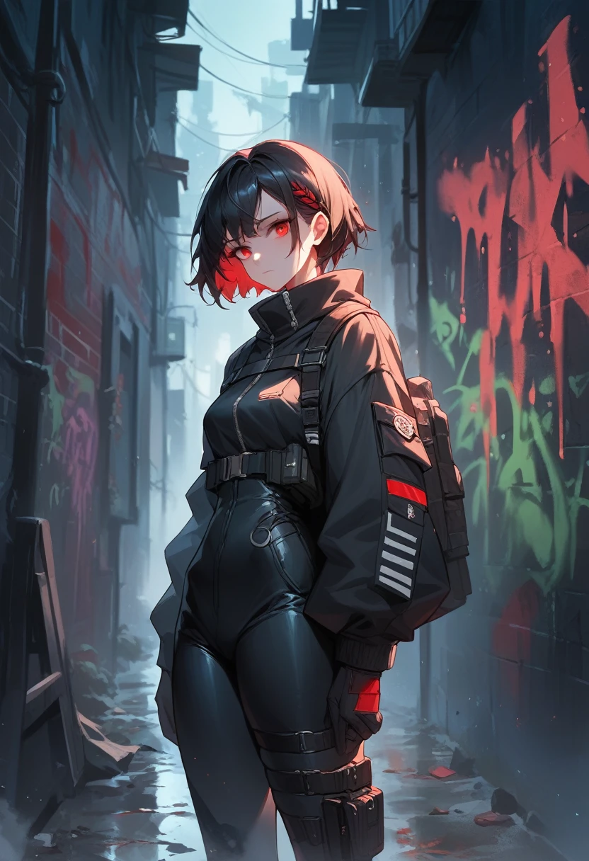 1girl, night, black survival suit, black hair, red eyes, dark alley, red graffiti, japanese led, fog, 8k, ambient occlussion, focus on subject