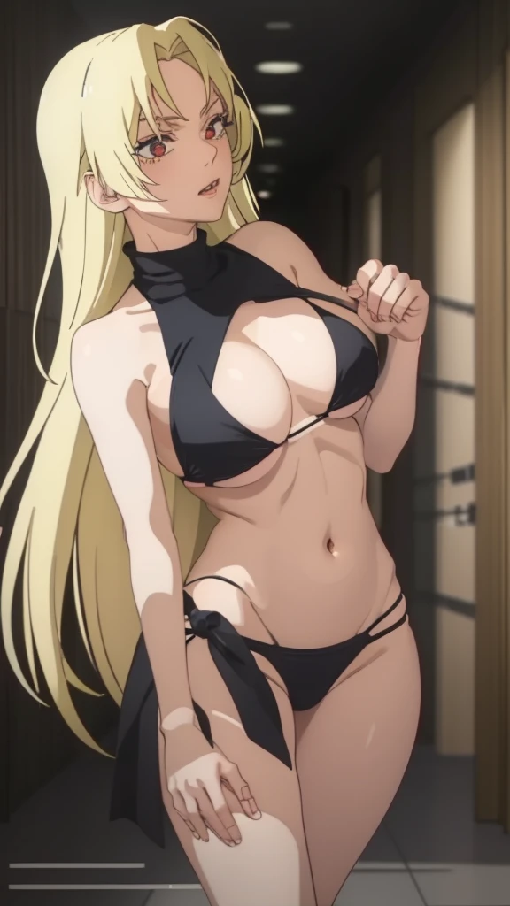 YukiTsukumo, blonde, long hair, female focus, solo, blonde hair, red eyes, Yuki_Tsukumo, YukiTsukumo, YukiTsukumo, 1girl, solo, long hair, red eyes, blonde hair, 👙 like anime full body meaty legs just black bikini big full body show leg fingers