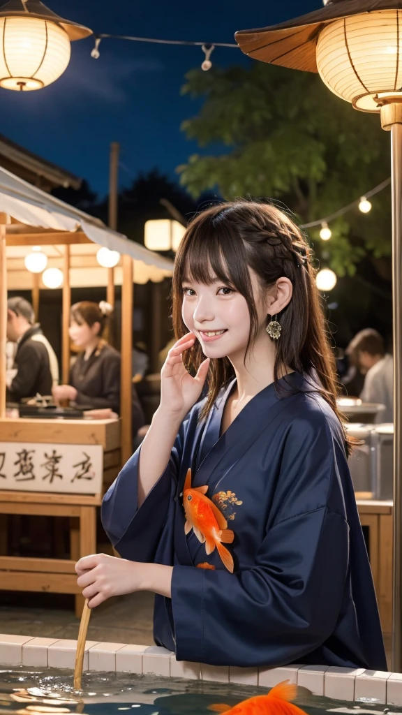 Best picture quality (8K, high resolution, Masterpiece: 1.2), super detailed, 215 Short Hair,Three braids long hair, 16-year-old woman,
Goldfish scooping main shot at a Japanese festival stall: A front view of a goldfish scooping tank at a food stall、Photographing the moment you look at goldfish。The goldfish are in a small pool on the ground.: From a side angle、Close-up of a concentrated expression as he watches the goldfish。Including the flickering lights reflected on the water surface。
yukata: 色鮮やかなyukataを着ており、The obi has a floral design。Hairpin in the hair(Hairpin)Refers to。
accessories: Festive bracelet on the wrist。Small Japanese-style earrings in the ears。
Small items: Wearing wooden clogs、In his hand he is holding a fan he bought at a food stall.。
illumination: The warm light of the lanterns illuminates the surroundings.、The food stalls are lined up as if floating in the night sky.。The goldfish scooping tank is equipped with underwater lights.、The water surface sparkles。
Active Pause ,
break Focus on upper 腰
, random cute pose ,big eyes ,Puffy eyes , Heart Pupil, blush , huge shy smile , salute