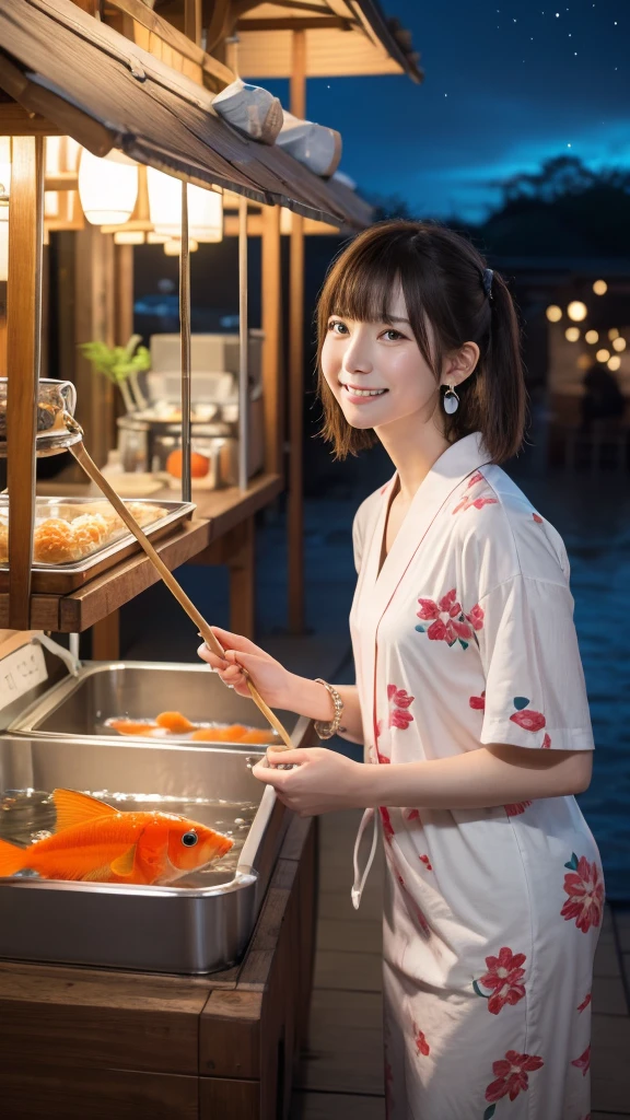 Best picture quality (8K, high resolution, Masterpiece: 1.2), super detailed,  215 Short Hair,Three braids long hair, 16-year-old woman, 

Goldfish scooping main shot at a Japanese festival stall: A front view of a goldfish scooping tank at a food stall、Photographing the moment you look at goldfish。The goldfish are in a small pool on the ground.: From a side angle、Close-up of a concentrated expression as he watches the goldfish。Including the flickering lights reflected on the water surface。
yukata: 色鮮やかなyukataを着ており、The obi has a floral design。Hairpin in the hair（Hairpin）Refers to。
accessories: Festive bracelet on the wrist。Small Japanese-style earrings in the ears。
Small items: Wearing wooden clogs、In his hand he is holding a fan he bought at a food stall.。

illumination: The warm light of the lanterns illuminates the surroundings.、The food stalls are lined up as if floating in the night sky.。The goldfish scooping tank is equipped with underwater lights.、The water surface sparkles。

Active Pause ,
break Focus on upper 腰


, random cute pose ,big eyes ,Puffy eyes ,  Heart Pupil, blush  , huge shy smile , salute


