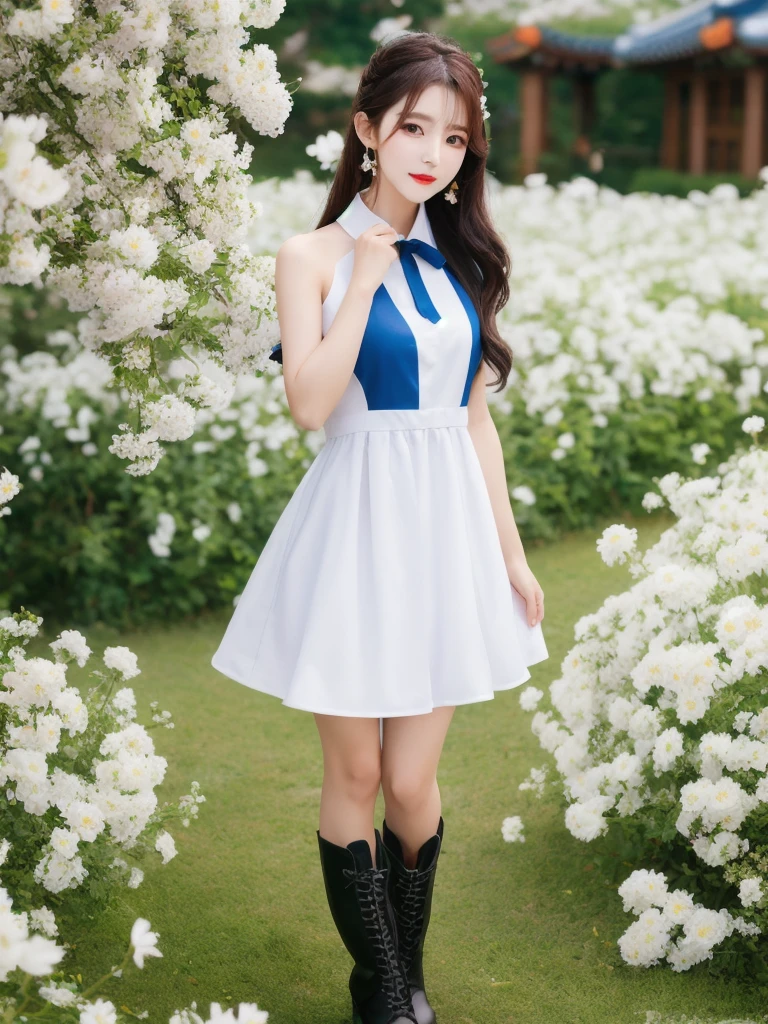 Beautiful woman wearing a blue white Wearing uniform korea style clothes mini dress with decorations on the shirt and visible shoulders and wearing boots and being photographed with a background And he was in the middle of a yard filled with beautiful white flowers,Korean style swag, beautiful face so gorgeous, Beautiful eyes, y2k style,