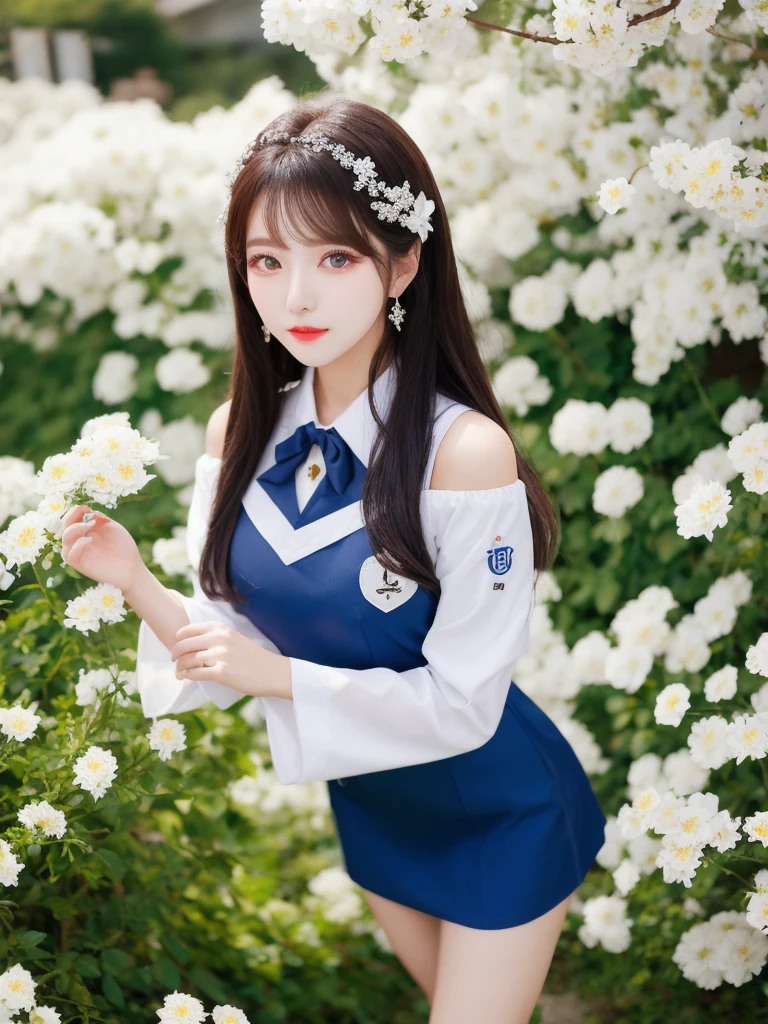 Beautiful woman wearing a blue white Wearing uniform korea style clothes mini dress with decorations on the shirt and visible shoulders and wearing boots and being photographed with a background And he was in the middle of a yard filled with beautiful white flowers,Korean style swag, beautiful face so gorgeous, Beautiful eyes, y2k style,