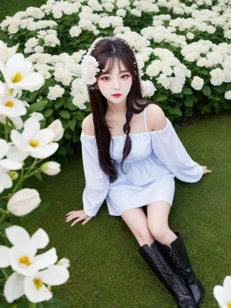 Beautiful woman wearing a blue white Wearing uniform korea style clothes mini dress with decorations on the shirt and visible shoulders and wearing boots and being photographed with a background And he was in the middle of a yard filled with beautiful white flowers,Korean style swag, beautiful face so gorgeous, Beautiful eyes, y2k style,
