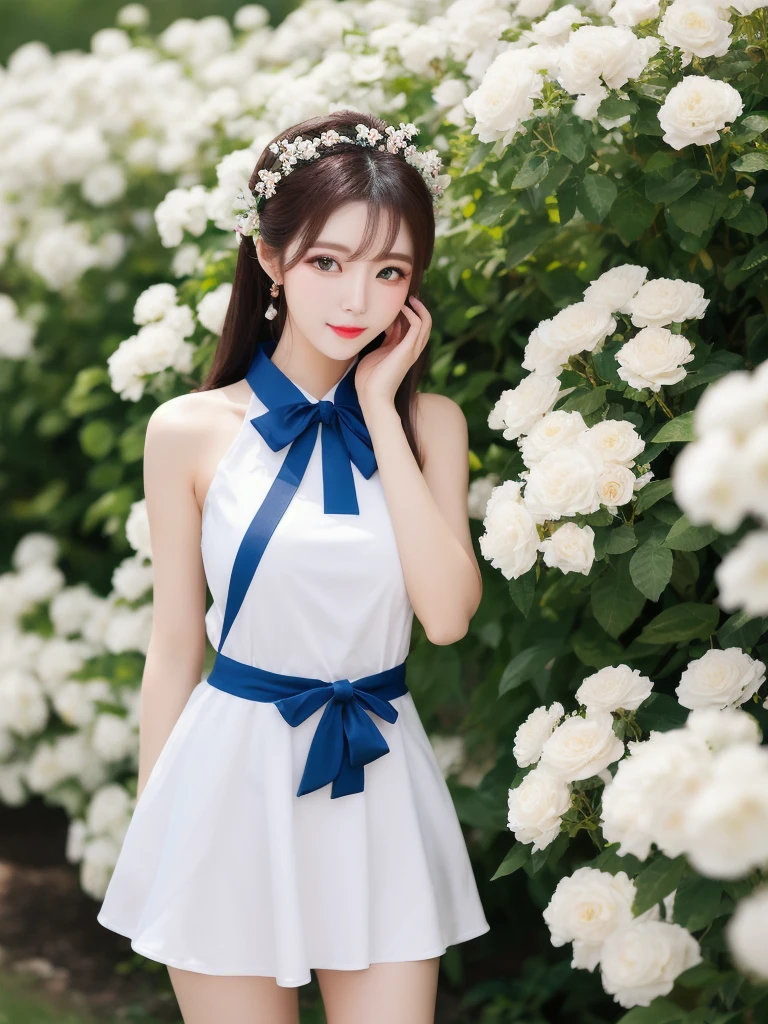 Beautiful woman wearing a blue white Wearing uniform korea style clothes mini dress with decorations on the shirt and visible shoulders and wearing boots and being photographed with a background And he was in the middle of a yard filled with beautiful white flowers,Korean style swag, beautiful face so gorgeous, Beautiful eyes, y2k style,