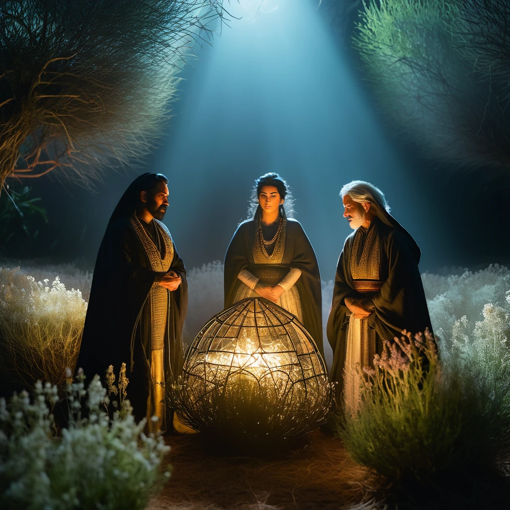 A visually stunning cinematic scene featuring a group of ancient, enigmatic figures gathered around a massive, luminous bundleof thyme. The thyme is portrayed as a potent, magical artifact, emitting rays of light that illuminate the surroundings. The atmosphere blends medieval and mystical elements, with an air of significance and reverence enveloping the ritual. The figures are attired in elaborate, intricate garments, and their expressions reveal a mix of awe and anticipation, as they stand in reverence before the powerful object., cinematicLess
