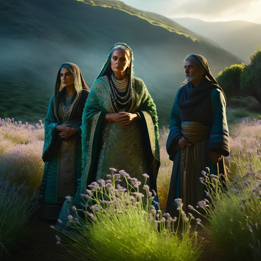 A visually stunning cinematic scene featuring a group of ancient, enigmatic figures gathered around a massive, luminous bundleof thyme. The thyme is portrayed as a potent, magical artifact, emitting rays of light that illuminate the surroundings. The atmosphere blends medieval and mystical elements, with an air of significance and reverence enveloping the ritual. The figures are attired in elaborate, intricate garments, and their expressions reveal a mix of awe and anticipation, as they stand in reverence before the powerful object., cinematicLess
