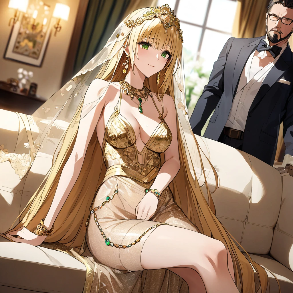 The woman and her -yeld dater are close together、((Highest quality)), ((masterpiece)), (detailed), （Perfect Face）、The woman was a tiare with green eyes and medium-long blonde hair, and was wearing a luxurious, shiny, gold-colored, long-slit see-through dress with gorgeous embroidery and trim, which allowed her skin to show through, a gold-colored see-through cape, and a gold-colored see-through veil. She was wearing a gorgeous jeweled hair accessory, a jeweled head dress chain, a jeweled waist chain, a gorgeous necklace, bracelets, ankle bracelets, jeweled earrings, and shiny gold boots. She was also wearing an engagement ring.、The woman is sitting on a luxurious sofa in a luxurious room with her 12-year-o daer an man, enjoying a family gathering.、The man is a dignified, bearded, elderly man of great wealth, wearing luxurious clothing with gold embroidery and trim.