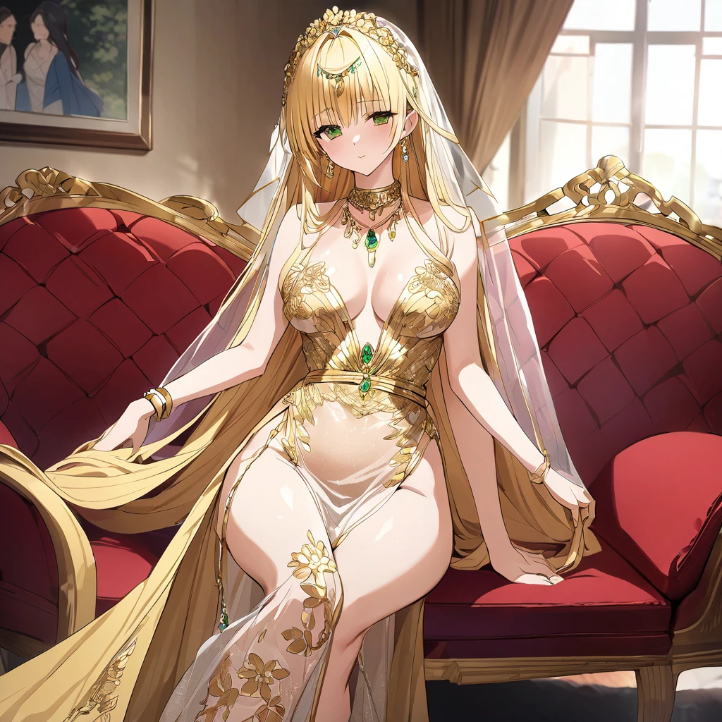 The woman and her daughter are close together、((Highest quality)), ((masterpiece)), (detailed), (Perfect Face)、The woman was a tiare with green eyes and medium-long blonde hair, and was wearing a luxurious, shiny, gold-colored, long-slit see-through dress with gorgeous embroidery and trim, which allowed her skin to show through, a gold-colored see-through cape, and a gold-colored see-through veil. She was wearing a gorgeous jeweled hair accessory, a jeweled head dress chain, a jeweled waist chain, a gorgeous necklace, bracelets, ankle bracelets, jeweled earrings, and shiny gold boots. She was also wearing an engagement ring.、The woman is sitting on a luxurious sofa in a luxurious room with her 12-year-old daughter and a man, enjoying a family gathering.、The man is a dignified, bearded, elderly man of great wealth, wearing luxurious clothing with gold embroidery and trim.