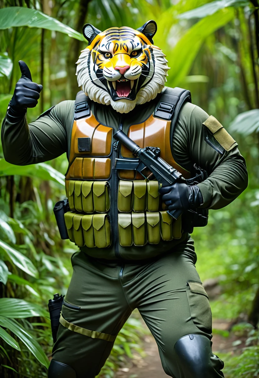 (a dark-skinned bearded fat old man in army camouflage zipper diver suit) (wearing proportionate realistic roaring tiger mask that show the wearer eyes), thumbs up, carrying a gun holster on his right hip, walking in jungle, muscular, Basuki Abdullah, sumatraism, muscular physique, imposing stature, action, a character portrait, heroic, fierce, snarling, best quality