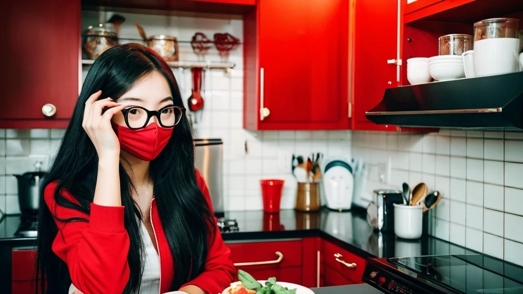 vietnamese girl with red face mask and glasses with red glass, use this face https://www.instagram.com/p/C83x-NMKumt/?utm_source=ig_web_copy_link&igsh=MzRlODBiNWFlZA== , long black hair. chilling in kitchen, real photo style.