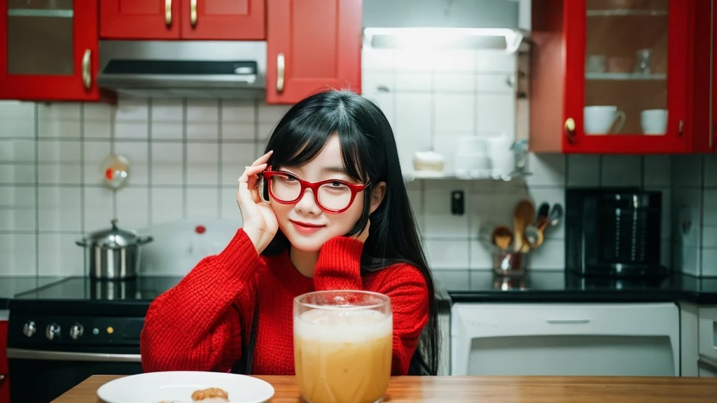 vietnamese girl with red face mask and glasses with red glass, use this face https://www.instagram.com/p/C83x-NMKumt/?utm_source=ig_web_copy_link&igsh=MzRlODBiNWFlZA== , long black hair. chilling in kitchen, real photo style.