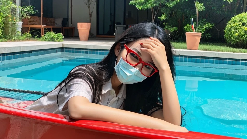 vietnamese girl with red face mask and glasses with red glass, use this face https://www.instagram.com/p/C83x-NMKumt/?utm_source=ig_web_copy_link&igsh=MzRlODBiNWFlZA== , long black hair. chilling in swiming pool, real photo style.