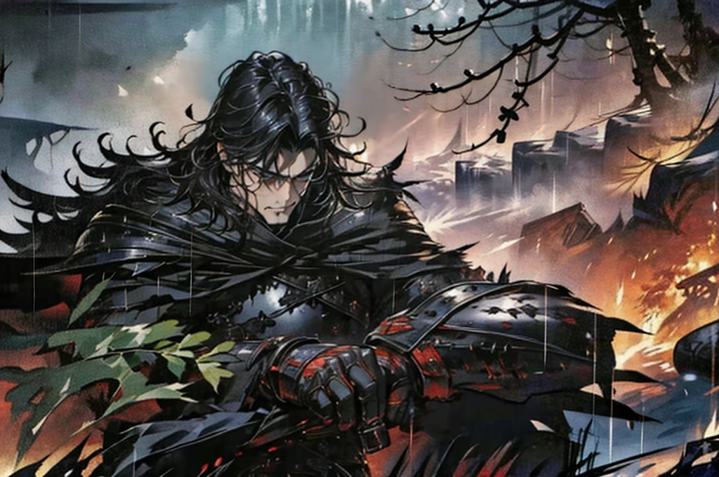 Masterpiece, Highest quality,battlefieldในเมือง, rain, realistic, 1 person, mature man, A quiet and charming young man, 30 years old, smile, gag, Portrait, Highly detailed face, 寒さとsmile, ((blue eyes)), ((black short hair)), [Thick eyebrows], battlefield, ((black long coat)), ((all black)), (blue eyes) ,Short Black Quiff Hair with Soft Fringe, handsome , muscle, Facial expressions, Black Knight Armor (Plain black armor) , black fur shawl(Masterpiece,best quality,special, (Broad shoulders)) (muscle), male focus, Hand Held Weapons (Crescent repeater),Lipo,Fang Tian Hua Ji, attack posture. , Details of his repeater, Characteristics and characteristics of monsters, and convey the tension and power of the encounter.."