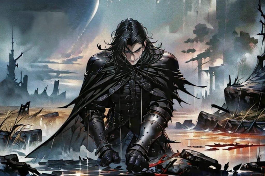 Masterpiece, Highest quality,battlefieldในเมือง, rain, realistic, 1 person, mature man, A quiet and charming young man, 30 years old, smile, gag, Portrait, Highly detailed face, 寒さとsmile, ((blue eyes)), ((black short hair)), [Thick eyebrows], battlefield, ((black long coat)), ((all black)), (blue eyes) ,Short Black Quiff Hair with Soft Fringe, handsome , muscle, Facial expressions, Black Knight Armor (Plain black armor) , black fur shawl(Masterpiece,best quality,special, (Broad shoulders)) (muscle), male focus, Hand Held Weapons (Crescent repeater),Lipo,Fang Tian Hua Ji, attack posture. , Details of his repeater, Characteristics and characteristics of monsters, and convey the tension and power of the encounter.."