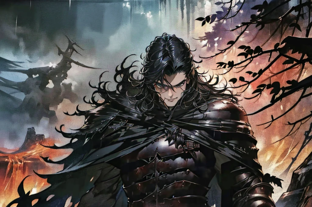 Masterpiece, Highest quality,battlefieldในเมือง, rain, realistic, 1 person, mature man, A quiet and charming young man, 30 years old, smile, gag, Portrait, Highly detailed face, 寒さとsmile, ((blue eyes)), ((black short hair)), [Thick eyebrows], battlefield, ((black long coat)), ((all black)), (blue eyes) ,Short Black Quiff Hair with Soft Fringe, handsome , muscle, Facial expressions, Black Knight Armor (Plain black armor) , black fur shawl(Masterpiece,best quality,special, (Broad shoulders)) (muscle), male focus, Hand Held Weapons (Crescent repeater),Lipo,Fang Tian Hua Ji, attack posture. , Details of his repeater, Characteristics and characteristics of monsters, and convey the tension and power of the encounter.."