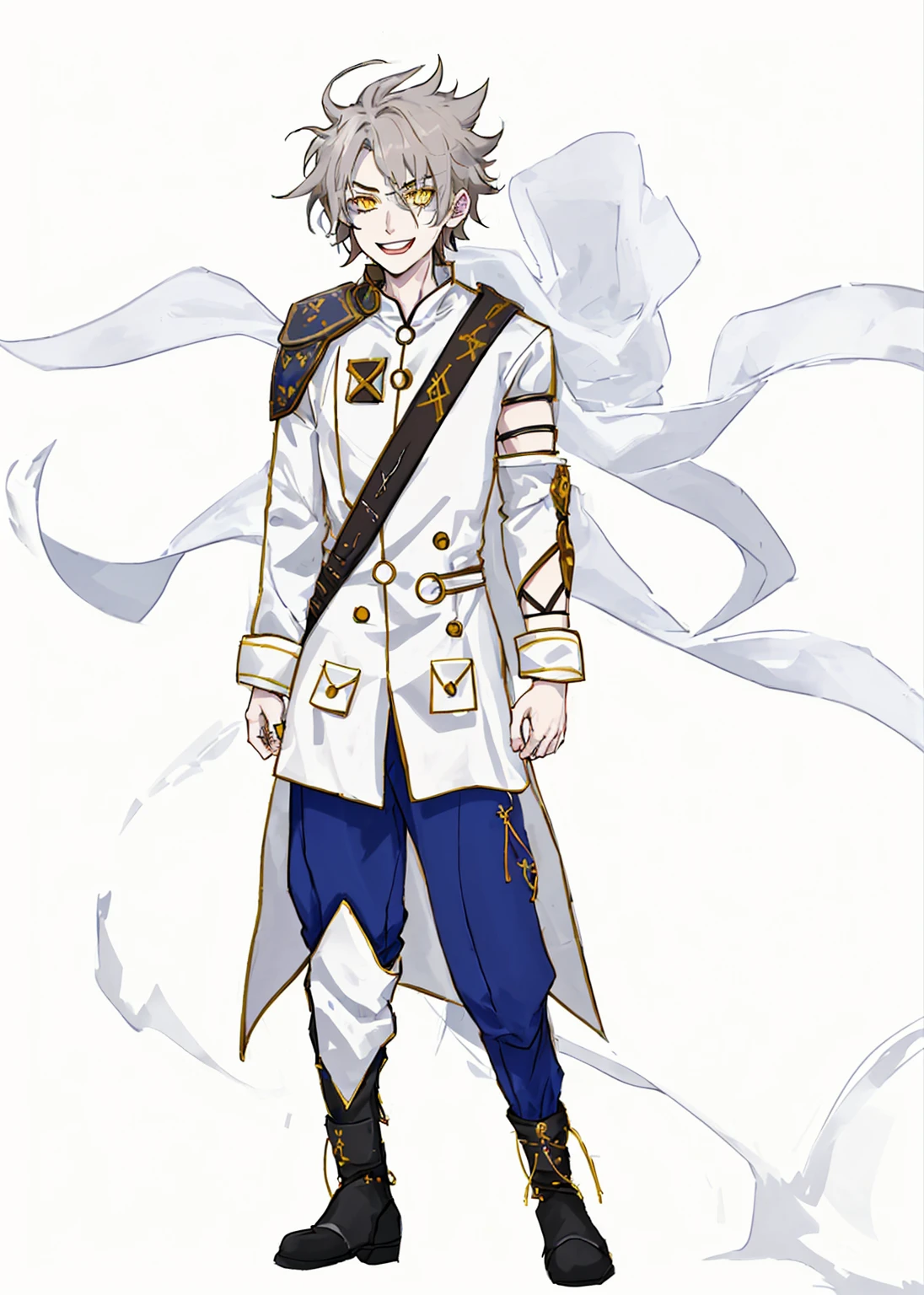 Anime, 1boy, messy gray hair, gray eyebrows, yellow eyes with black highlights, white skin, wide smile showing teeth, wears a long white coat with yellow and brown accents, the back of the coat extends to the knees, wears a brown shoulder protector on the right, the coat is long-sleeved, has stripes on the right sleeve of the coat, and has a tribal protector on the left sleeve, blue pants with black accents, black boots, carries a sword on his back using a strap looped from his right shoulder to his left waist, the sword has a red gemstone on the pommel with a clearly visible rune inside.