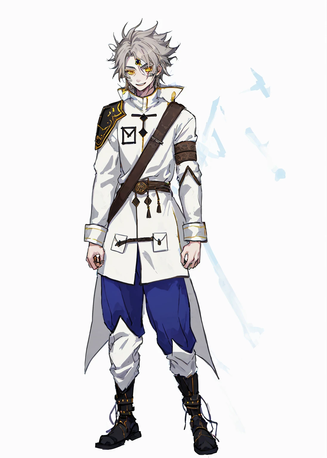 Anime, 1boy, messy gray hair, gray eyebrows, yellow eyes with black highlights, white skin, wide smile showing teeth, wears a long white coat with yellow and brown accents, the back of the coat extends to the knees, wears a brown shoulder protector on the right, the coat is long-sleeved, has stripes on the right sleeve of the coat, and has a tribal protector on the left sleeve, blue pants with black accents, black boots, carries a sword on his back using a strap looped from his right shoulder to his left waist, the sword has a red gemstone on the pommel with a clearly visible rune inside.