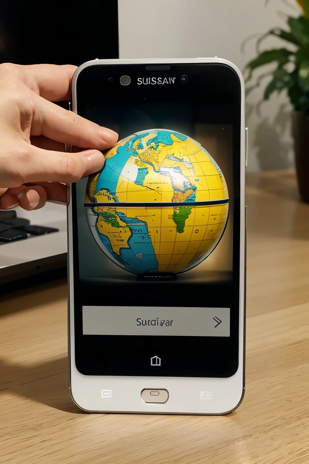 Create an image for the imaginary app sustain Scan, In the picture, a smartphone is supposed to scan a small globe, it's a lot about sustainability Please keep it minimalistic so that it can be used as a company logo. Main color green please. Only outlines of smartphone and globe please