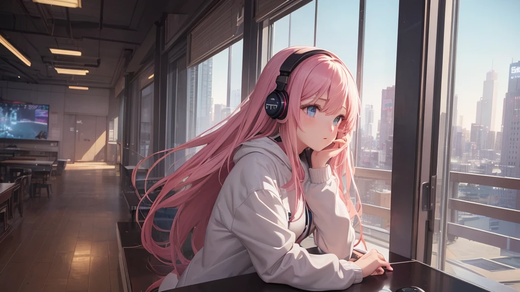 Absurd, Ultra-high resolution, (Official Art, beautifully、mysterious:1.2), Impressive eyes, light pink long hair, Larger than average bust, Correct human body composition, Girl listening to music with headphones, Looking out the window, Lo-fi Girl, and oversized hoodie, Makoto Shinkai and Artgelm, Anime atmosphere, Lofi art style, Anime style 8k, Anime Aesthetics, Lo-fi feeling, Anime Art Wallpapers 8K, An atmosphere of praise, Rooms with large windows, Emotional cityscape, City girl's room, Bright Sky, A vast world