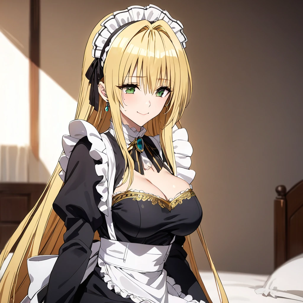 The luxurious and high-class Victorian maid outfit is evenly decorated with gorgeous gold embroidery and edging, and the blouse, apron, and headband also have gorgeous gold embroidery and edging.、((Highest quality)), ((masterpiece)), (detailed), （Perfect Face）、The woman is Tierre, with green eyes, medium-long blonde hair, a Victorian maid outfit and maid headband, jeweled earrings, and an engagement ring.、The woman is smiling fondly in a luxurious room、The Victorian maid uniform is a calm, old-fashioned type with long sleeves and a long skirt, decorated with luxurious gold embroidery and edging.、The woman lies on the bed with her legs openﾕｳﾜｸand soliciting sex