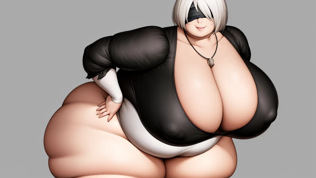 work of art, better_品質, 1 girl, standing alone, yorha no. 2 Tipo B, black blindfolded, blindfolded, ((leaning forward)),  Broad Hips, thick-thighs, huge  ass, Huge huge natural breasts, neckleace, mature mother, hand on hip, smiling, ssbbw, obese mom