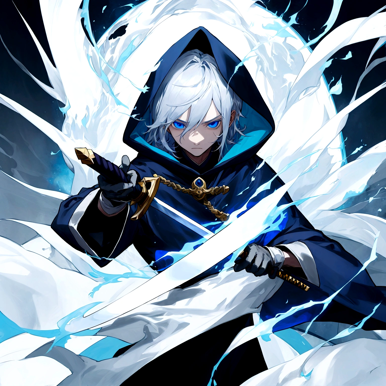 Sorcerer Divine Soul man, he has a silver hair and blue eyes, he wear a hood and wear gloves , hold sword with hand.
