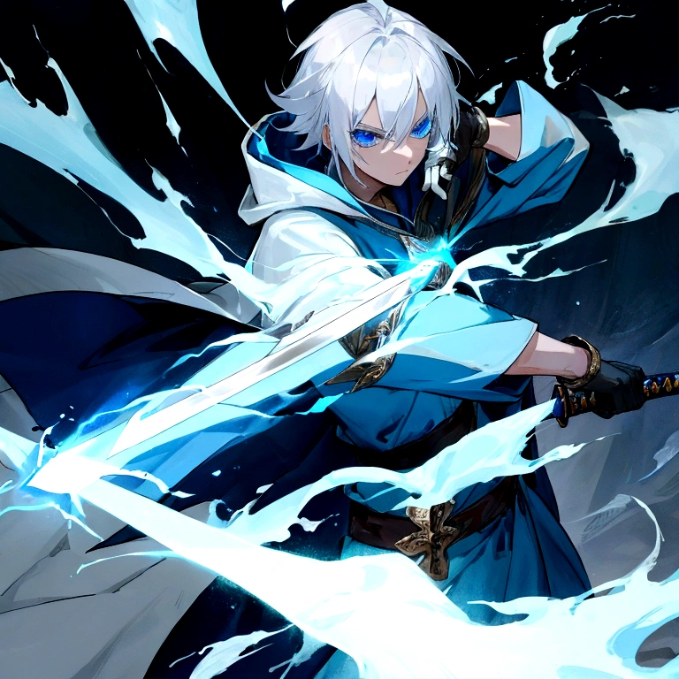 Sorcerer Divine Soul man, he has a silver hair and blue eyes, he wear a hood and wear gloves , hold sword with hand.
