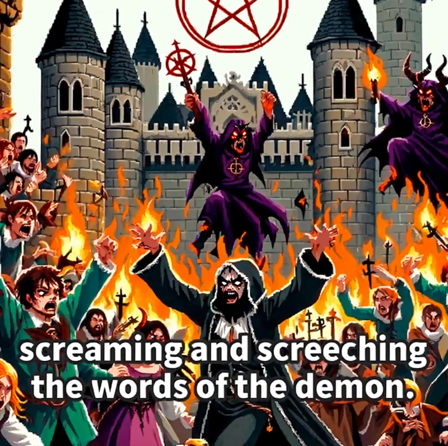 A cartoon closeup shot of a demon surrounded by people, Scream, scary horrifying satanic rituals, satanism, satanism堂内部, Satanic Symbolism, Summoning Demons, Summoning Demons, Secret propaganda, demonic magic ritual, satanic ritual, Jeff Isley, Read a magic book, Summon the Devil, Tear the devil into pieces, Scream