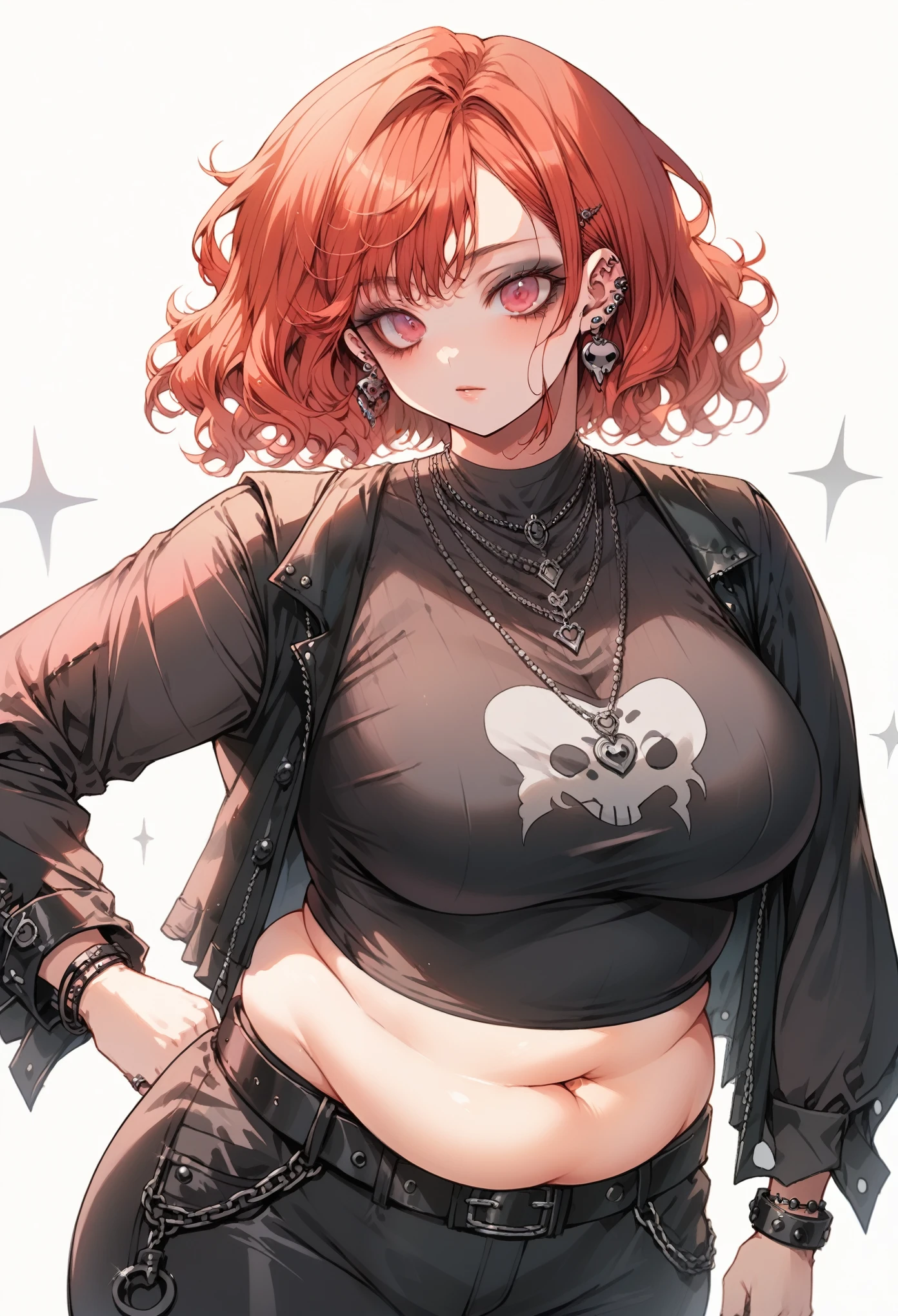 Curvy goth anime girl, overweight fat girl, pretty anime girl, beautiful chubby anime girl, big tummy, large breasts, wide hips, curvy butt, stomach rolls, stomach bump, fashionable, cool clothes, fun clothes, fashion, accessories, jacket, jewelry, bracelet, earrings, necklace, rings, accessories, belt, skirt, dress, pants, shirt, long shirt, low cut tshirt, baggy shirt, confident, cool fashionable girl, attractive, cool, hot woman, short wavy red hair hair, short bob length hair, red, bright colored hair, wavy hair, short hair, bob, shoulder length hair, goth, alternative style, goth style, cool clothes, makeup