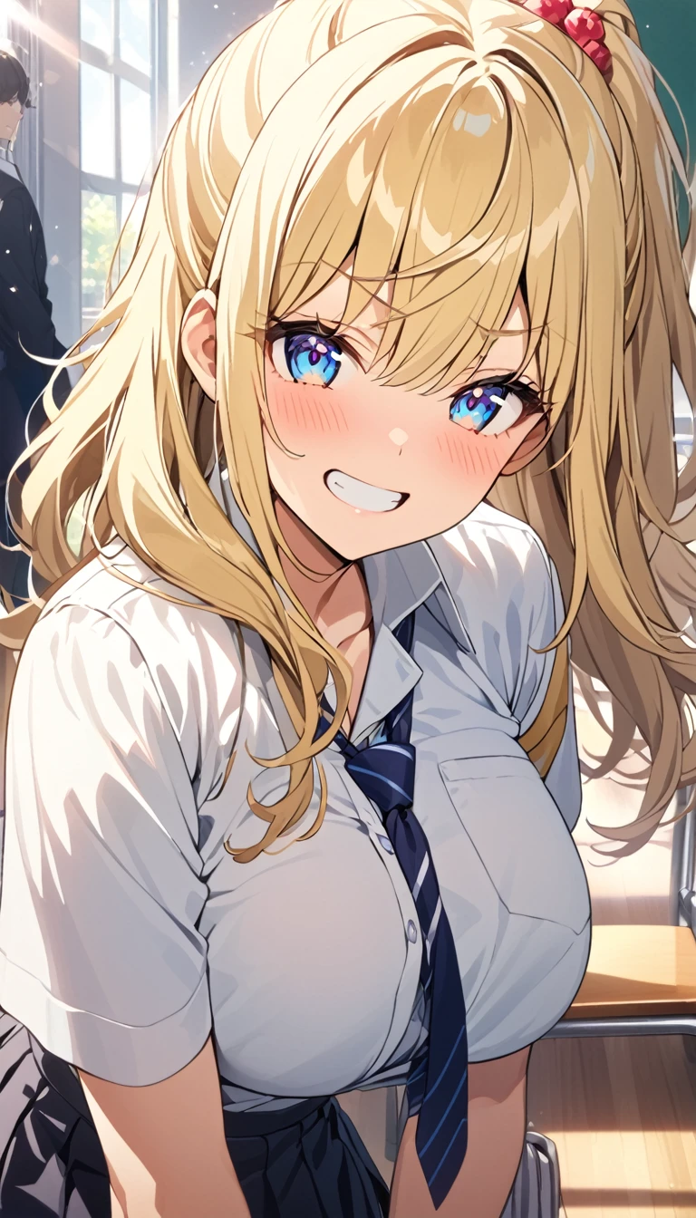 (masterpiece, Official Art), One Girl, sakura.hibiki,Blonde、Double teeth、 blue eyes, hair ornaments, Hair Clip,  (school uniform), (shirt), (tie), (skirt), (shirtをめくって胸を見せる), (Upper Body), (Huge breasts), Very good、sunlight,classroom、 Show Viewer, Grin, attractive, blush, attractive服,  