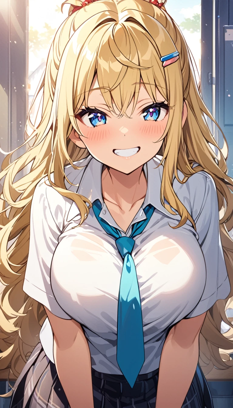 (masterpiece, Official Art), One Girl, sakura.hibiki,Blonde、Double teeth、 blue eyes, hair ornaments, Hair Clip,  (school uniform), (shirt), (tie), (skirt), (shirtをめくって胸を見せる), (Upper Body), (Huge breasts), Very good、sunlight,classroom、 Show Viewer, Grin, attractive, blush, attractive服,  