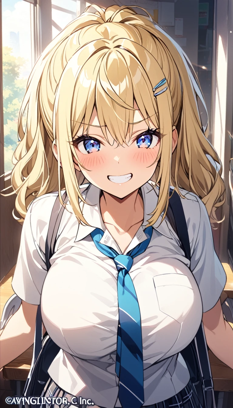 (masterpiece, Official Art), One Girl, sakura.hibiki,Blonde、Double teeth、 blue eyes, hair ornaments, Hair Clip, (school uniform), (shirt), (tie), (skirt), (shirtをめくって胸を見せる), (Upper Body), (Huge breasts), Very good、sunlight,classroom、 Show Viewer, Grin, attractive, blush, attractive服,