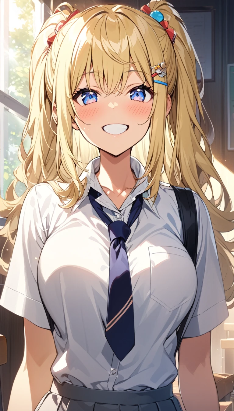 (masterpiece, Official Art), One Girl, sakura.hibiki,Blonde、Double teeth、 blue eyes, hair ornaments, Hair Clip,  (school uniform), (shirt), (tie), (skirt), (shirtをめくって胸を見せる), (Upper Body), (Huge breasts), Very good、sunlight,classroom、 Show Viewer, Grin, attractive, blush, attractive服,  