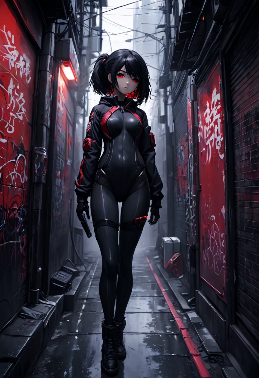 1girl, black survival suit, black hair, red eyes, dark alley, red graffiti, japanese led, fog, 8k, ambient occlussion, focus on subject