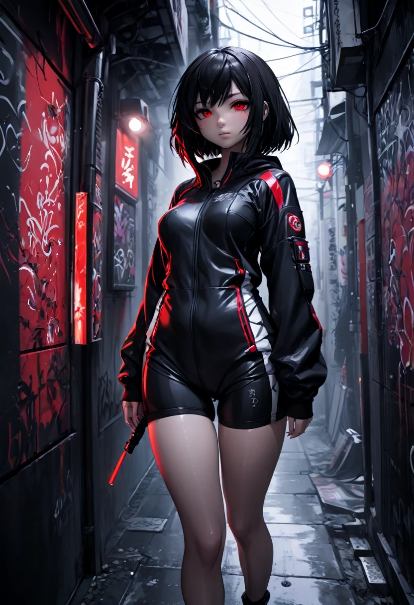 1girl, black survival suit, black hair, red eyes, dark alley, red graffiti, japanese led, fog, 8k, ambient occlussion, focus on subject