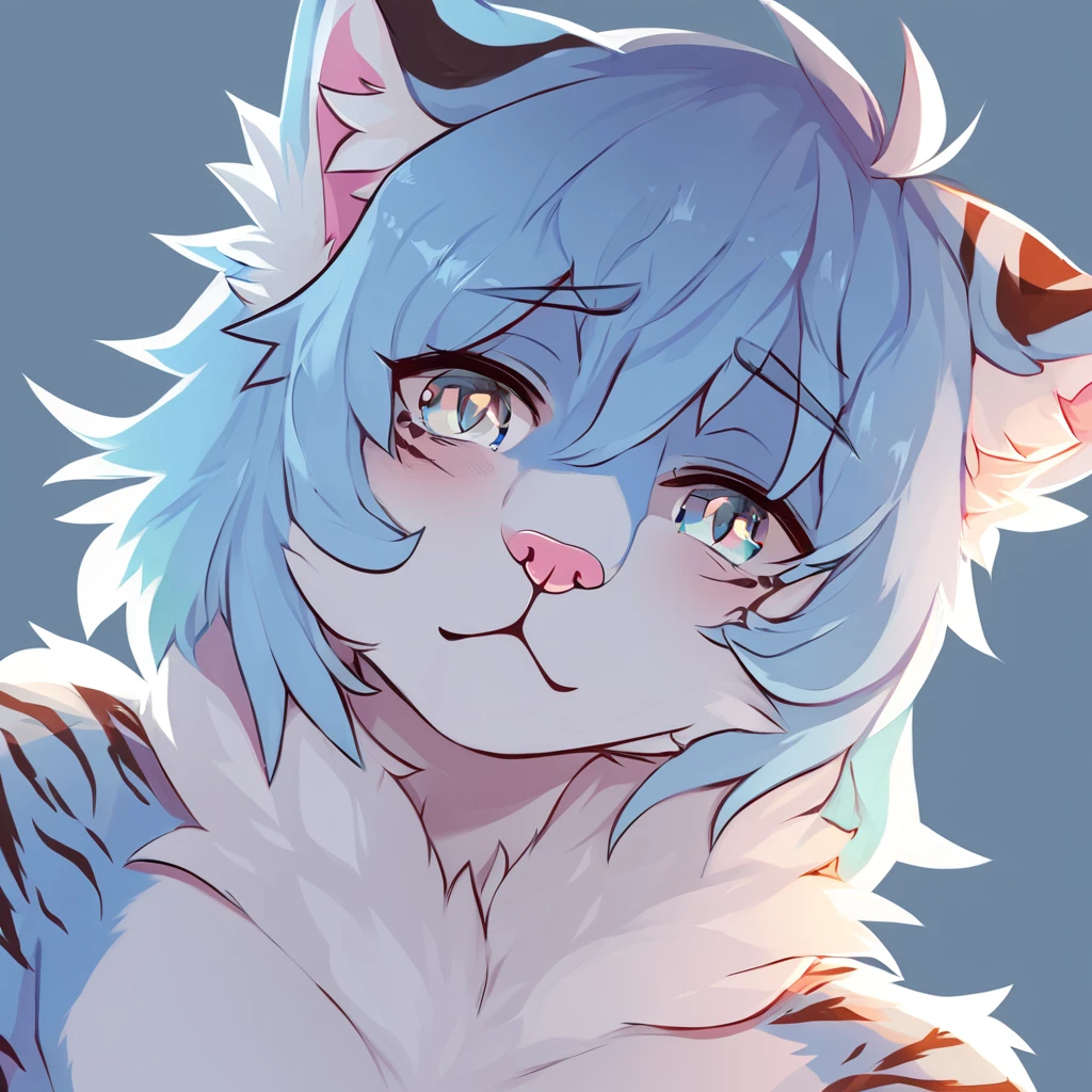 adult, feline, mammal, anthro, anthromorphic, cat, striped, fur, furred_anthro, femboy, male, light_blue, ear_tufts, purple, paws, hair_tuft, hair_between_eyes, long_tail, fluffy, expressive_eyes, light_blue_hair, light looking_at_viewer, blue_fur, shy, small_pupils, spotted_pattern, stripes, tiger_stripes, digital_art, high_resolution, high_res, background shy, head_visible, neck_visible, profile_picture, seductive_face