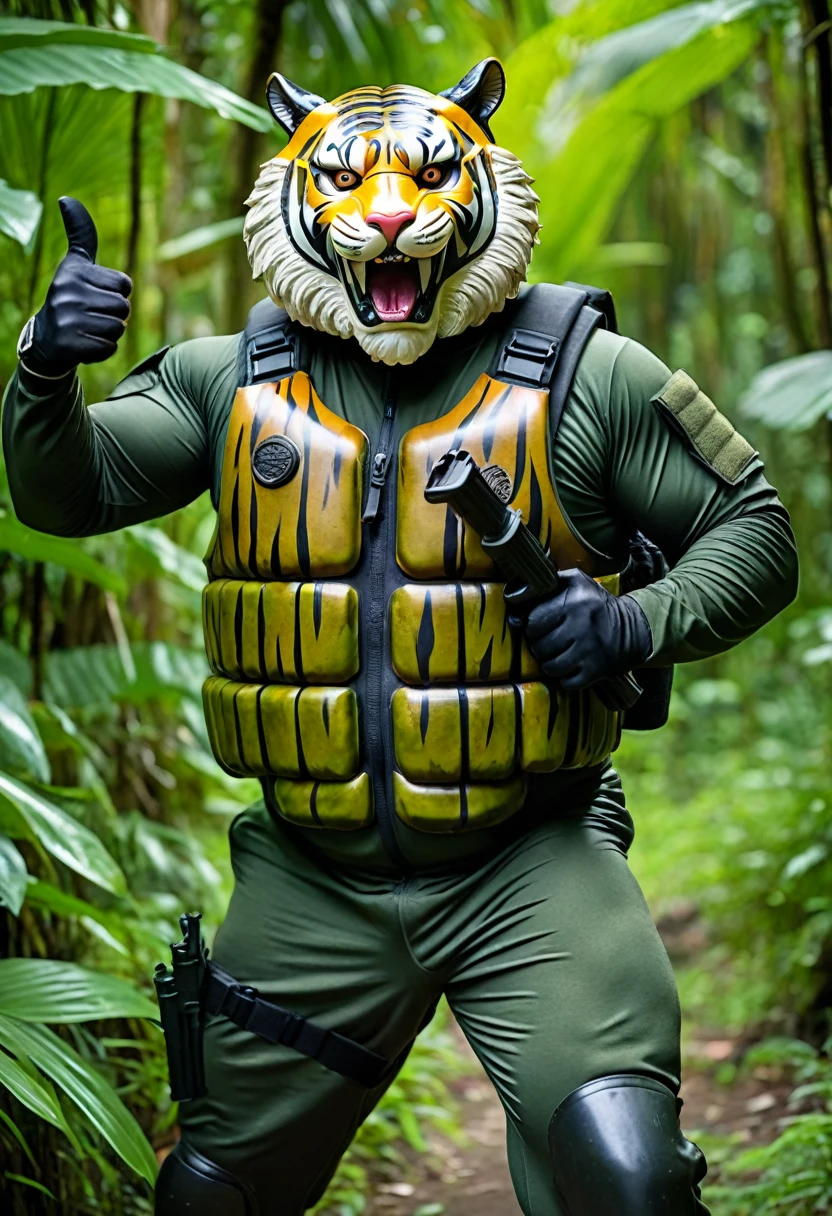 (a dark-skinned bearded fat old man in army camouflage zipper diver suit) (wearing realistic roaring tiger mask that show the wearer eyes), thumbs up, carrying a gun holster on his right hip, walking in jungle, muscular, Basuki Abdullah, sumatraism, muscular physique, imposing stature, action, a character portrait, heroic, fierce, snarling, best quality
