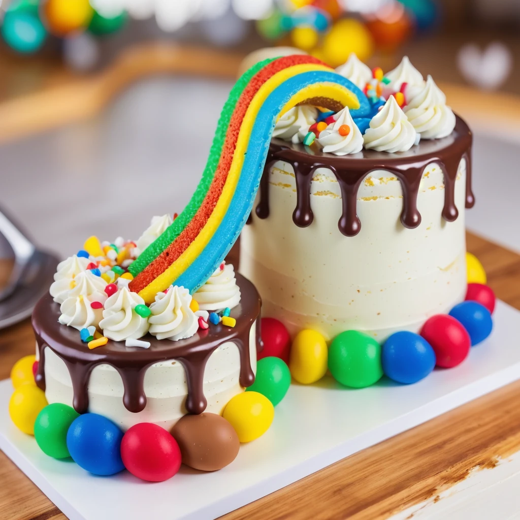 on a wooden table, on a porcelain plate, two cakes made of white cream, sugar candies on the bottom, chocolate ganache on the cake, white swirls on the chocolate ganache, window light, bright lights, soft light, window light, professional lighting, light from the window, neat light, realistic texture, realistic style, detailed texture, high quality, high resolution, high quality rendering, realistic photo, brightning light, macro photo