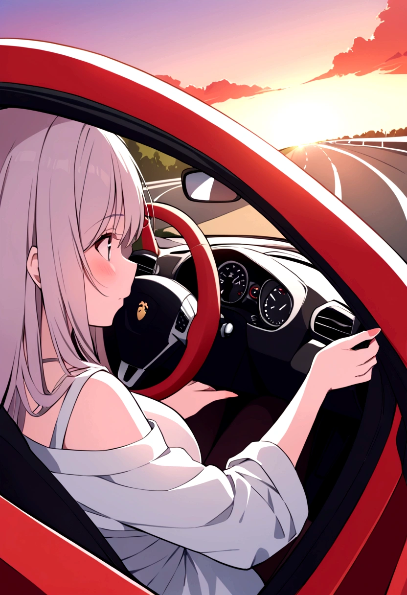 A young woman is driving a red Ferrari, Speeding down the highway, German Autobahn. She is wearing an oversized white shirt., Place your left hand on the steering wheel、On the right is a Starbucks coffee. Sunset in the distance