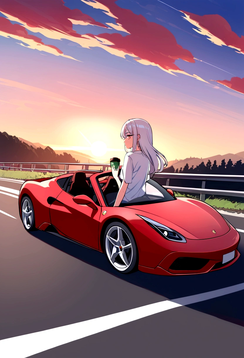 A young woman is driving a red Ferrari, Speeding down the highway, German Autobahn. She is wearing an oversized white shirt., Place your left hand on the steering wheel、On the right is a Starbucks coffee. Sunset in the distance