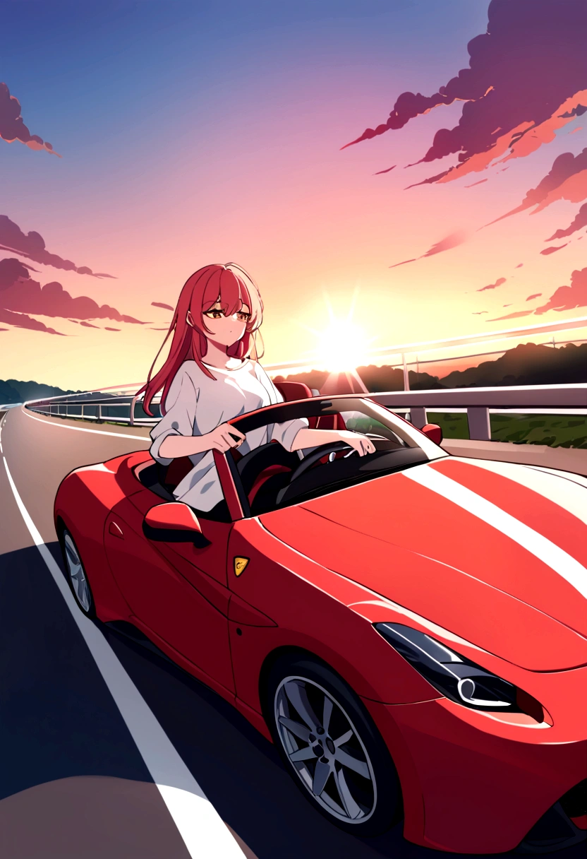 A young woman is driving a red Ferrari, Speeding down the highway, German Autobahn. She is wearing an oversized white shirt., Place your left hand on the steering wheel、On the right is a Starbucks coffee. Sunset in the distance