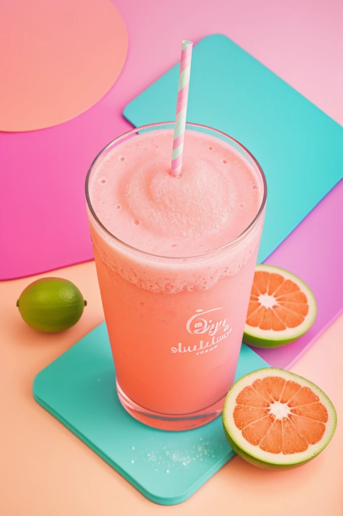 A logo where it is written "DELICIOUS LILY SLUSHES" with very beautiful letters and bright colors , in the background a pastel melon color